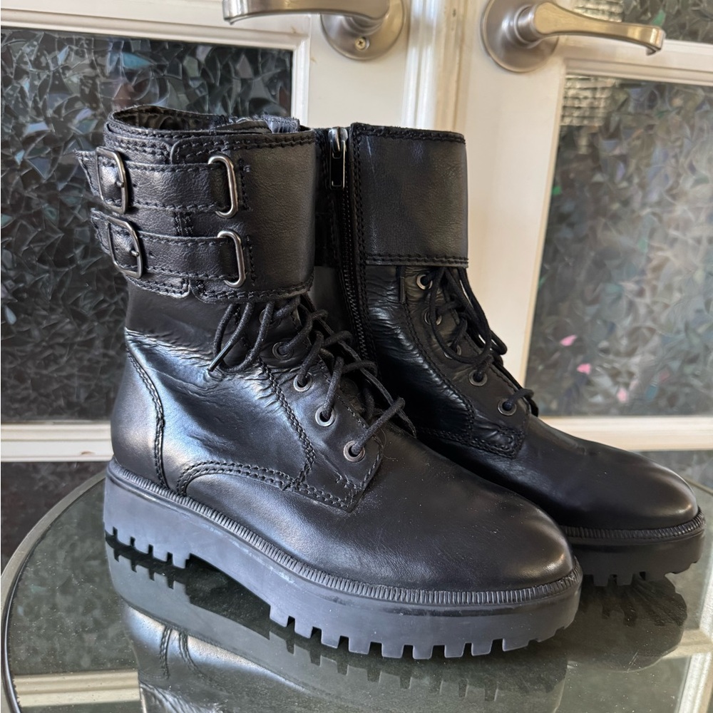 Mango Black Leather Combat Boots EU 37
